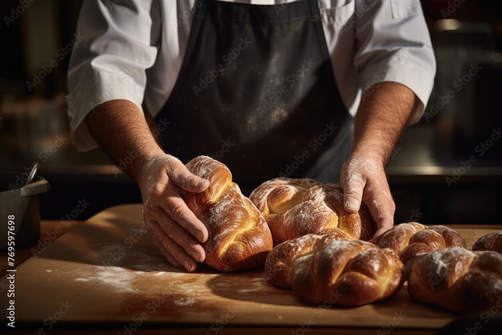 Selective focus on a baker's hands shaping pretzel buns.