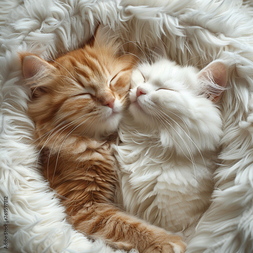 Lovely fluffy cat couple sleep together hug on white fluffy bed. Valentine's Day celebration concept