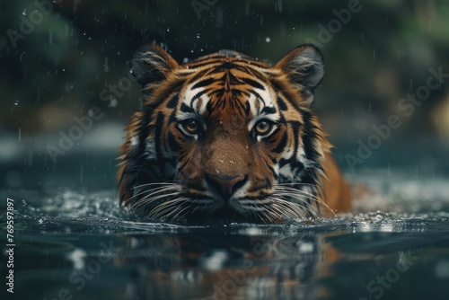 A tiger floating in the water was ready to attack. photo