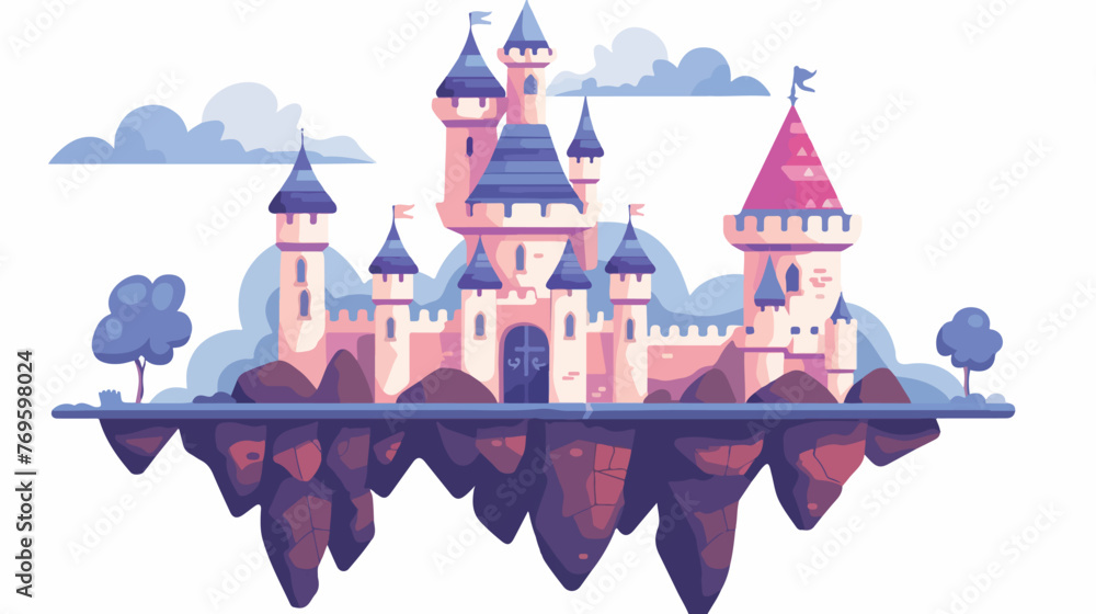 Fantasy fairytale flying rocks with castle. flat vector