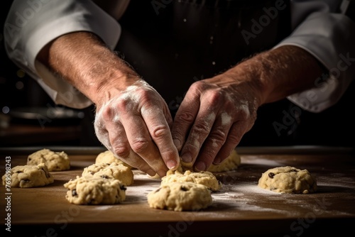 Close-up of a chef's hands pressing down cookie dough with a mold. photo