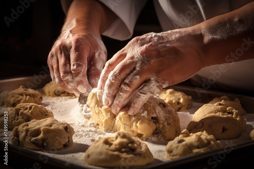 Close-up of a chef's hands pressing down cookie dough with a mold.