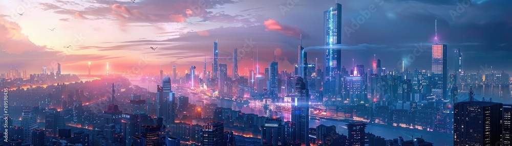 Glimmering City of Tomorrow: Stunning Futuristic Skyline with Enchanted Flying Cars in Hyper-Realistic Composition - obrazy, fototapety, plakaty 