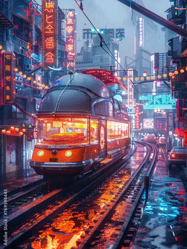 Neon-lit futuristic cityscape featuring vintage-inspired architecture and a flying Chicken Tikka Masala food truck - low noise, hyper-realistic shot with minimal texture