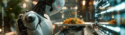 AI-powered Culinary Delight: Robotic Chef Creating Nutrient-rich Pad Thai with Futuristic Holographic Display