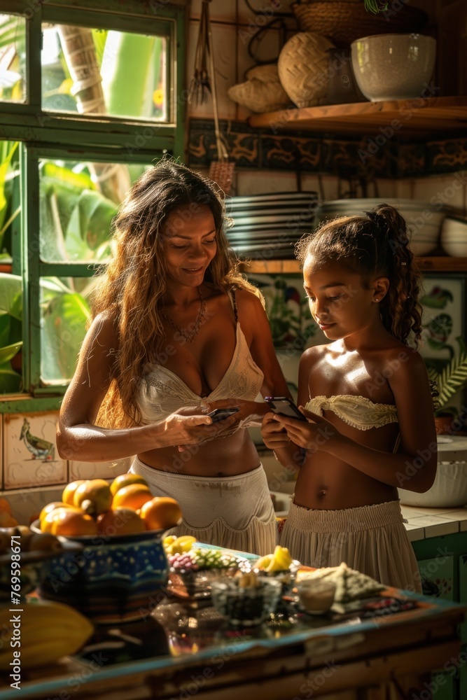 Latina mother with her daughter happy in the kitchen of her stratum 4 house looking at her cell phone very happy and with a counter in front of them, realistic photograph