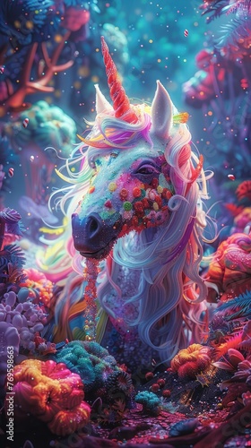Enchanting Encounter: Candy Unicorn and Tie-Dye Hippie Embrace in Sugar-Coated Forest