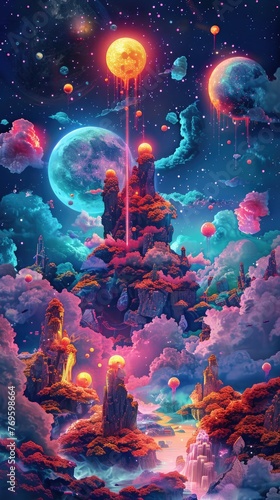 Extraterrestrial Banquet: Cosmic Beings Indulge in a Glowing Feast Amidst a Surreal Landscape of Vibrant Colors