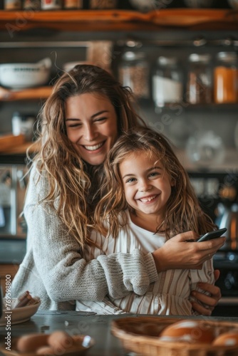 Latina mother with her daughter happy in the kitchen of her stratum 4 house looking at her cell phone very happy and with a counter in front of them, realistic photograph