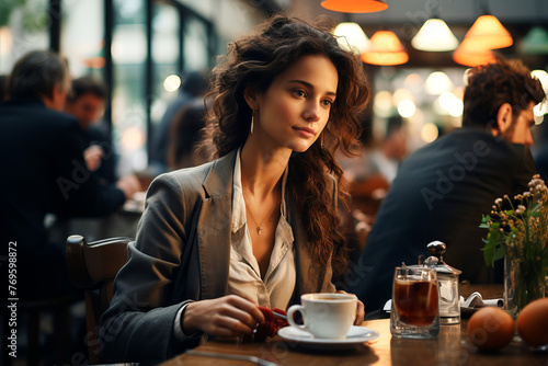 Coffee Break Moment: Young beautiful woman with long curly hair wearing formal attire enjoying coffee in cozy cafe. photo