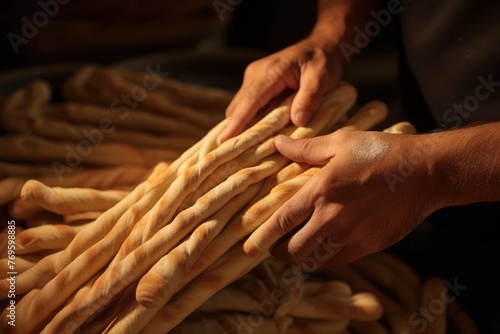 Zoomed-in shot of a baker's hands twisting breadsticks. photo