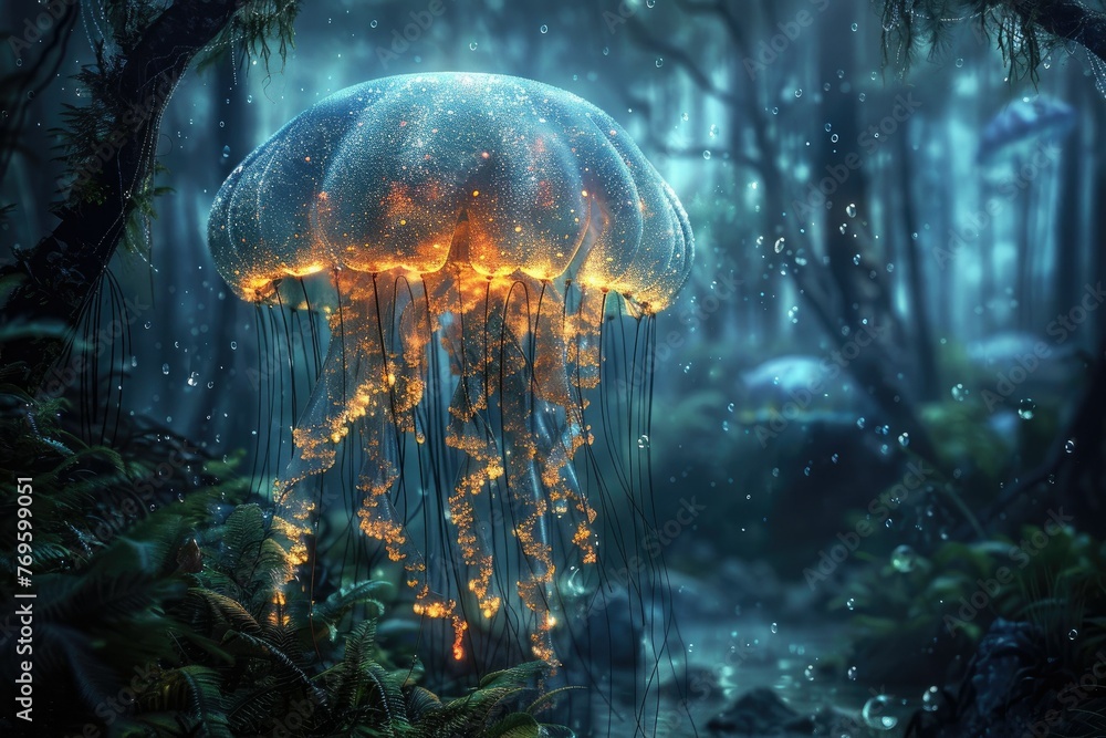Enchanting Jellyfish Dance in Mystical Underwater Forest - Vibrant and Surreal Marine Life in High-Definition