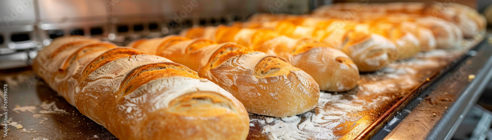 Golden artisan bread loaves fresh out of the oven, cooling on a tray with a backdrop of warm kitchen lights