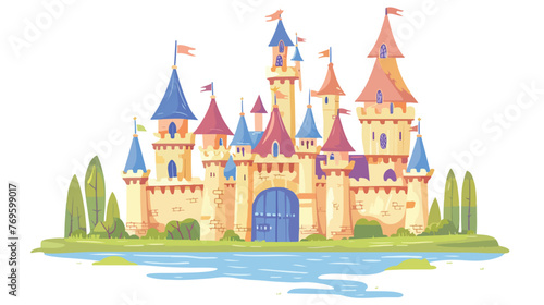 Medieval fantasy castle flat vector isolated on white