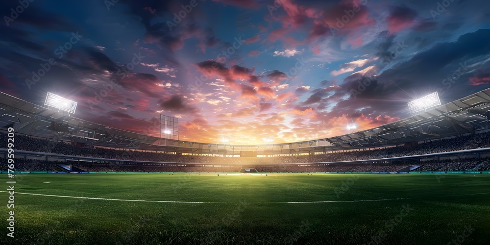 Panoramic highdefinition image of a cricket stadium showing the contrast between daylight and evening atmosphere under stadium lights. Concept Cricket Stadium, Daylight vs Evening - obrazy, fototapety, plakaty 