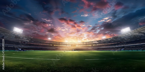 Panoramic highdefinition image of a cricket stadium showing the contrast between daylight and evening atmosphere under stadium lights. Concept Cricket Stadium, Daylight vs Evening photo