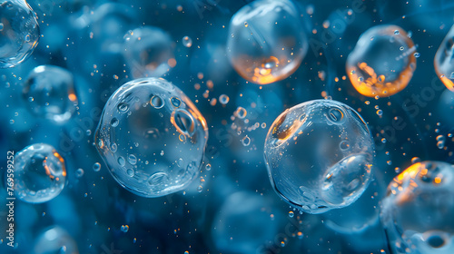 Some cells in the liquid. Water bubbles on a blue background. High-resolution