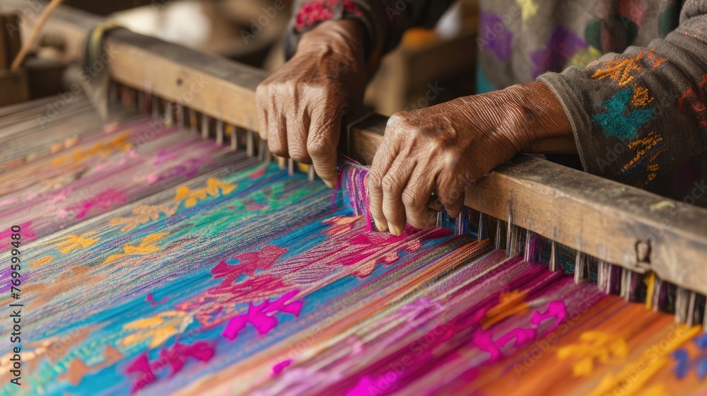 Obraz premium Artisan weaving a colorful traditional fabric on a loom