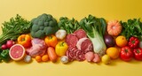 Assortment of Various Fresh Vegetables and Fruits on Yellow Background, Top View for Healthy Eating Concept