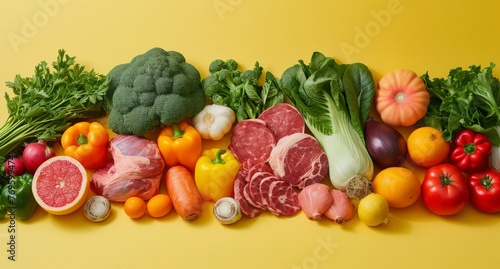 Assortment of Various Fresh Vegetables and Fruits on Yellow Background, Top View for Healthy Eating Concept
