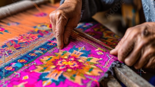 Artisan weaving a colorful traditional fabric on a loom