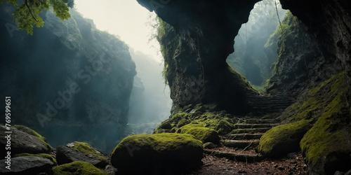 Mysterious path through a dark ravine photo