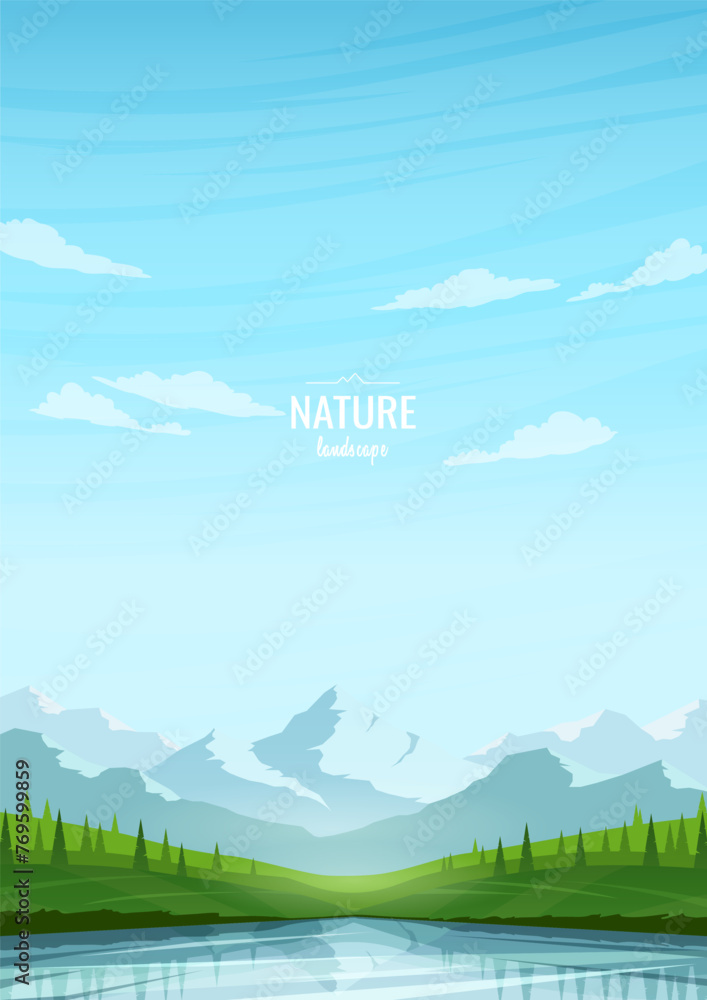 A green valley with trees near a river or lake. Mountains against a clear blue sky. Sunny spring day in the mountains. Design for poster, wallpaper, postcard, book, cover. Vector image.