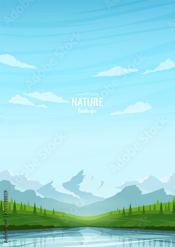 A green valley with trees near a river or lake. Mountains against a clear blue sky. Sunny spring day in the mountains. Design for poster, wallpaper, postcard, book, cover. Vector image. © i_mARTy