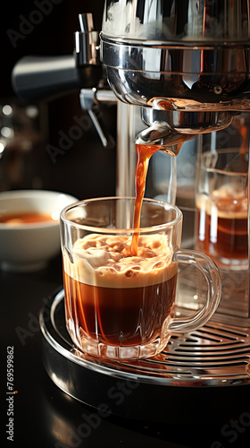 Espresso Shot and Machine: Close-up of espresso shot being pulled into a glass cup.