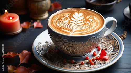 Creative and intricate latte design. Close-up of a coffee cup with creative latte foaf design. photo