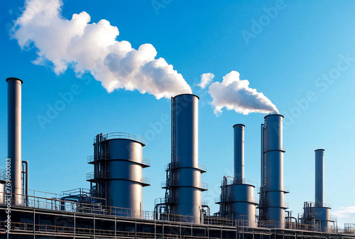 Smoke from chimneys. Industrial chimneys on blue sky in sunlight. Emissions in city. Powerhouse. Air pollution and environment, ecological disaster concept problems planet Earth