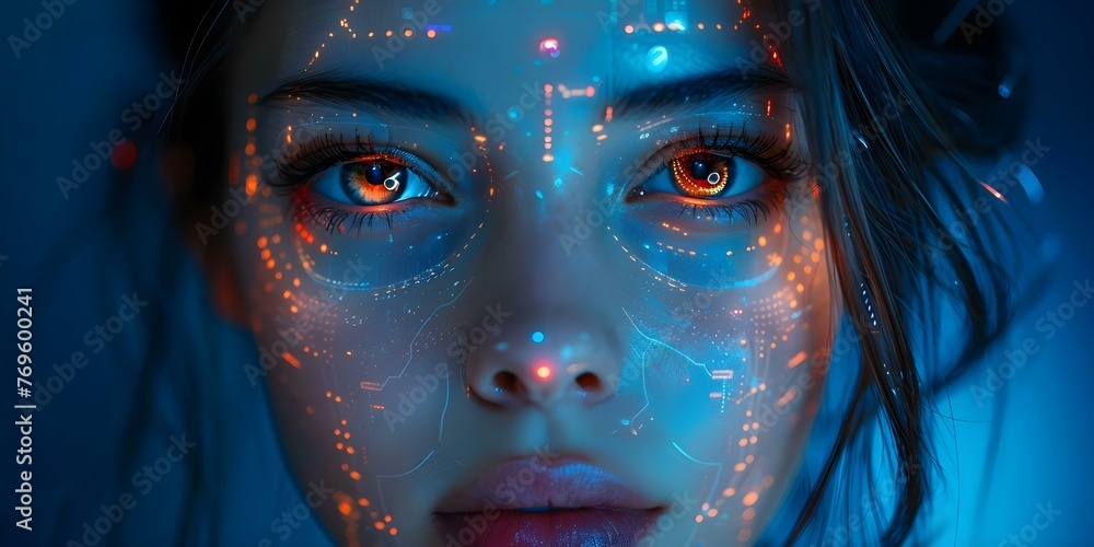 Exploring Advanced AI Technology: Closeup of a Female Humanoid Android in Blue and Orange Tone. Concept Artificial Intelligence, Humanoid Android, Advanced Technology, Close-up Photography
