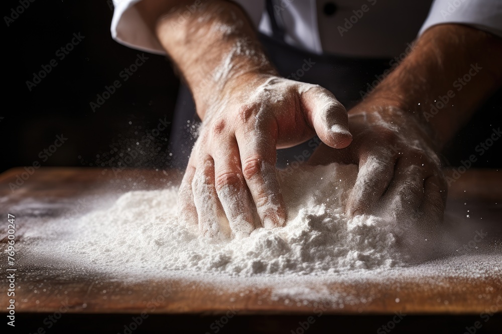 Selective focus on a pastry chef's fingers dusting flour on a work surface.