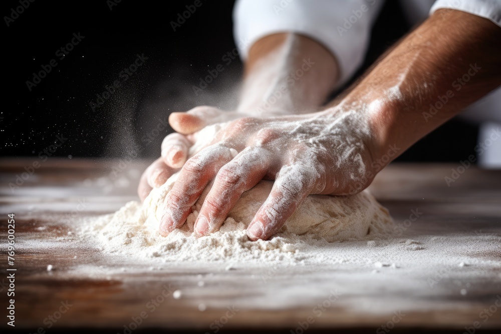 Selective focus on a pastry chef's fingers dusting flour on a work surface.
