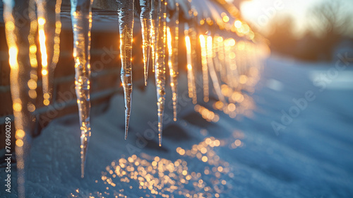 Close-up of Icicles Adorning Roof Edge in Winter photo