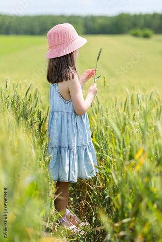 little girl in a dress and hat in the middle of a wheat field © Andrei