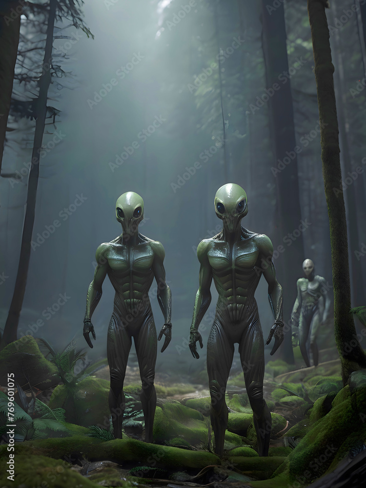 Fototapeta premium Scary Aliens Exploring A Forest On Planet Earth Cinematic Image Style