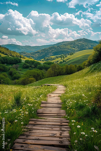 A wooden path through beautiful green hills