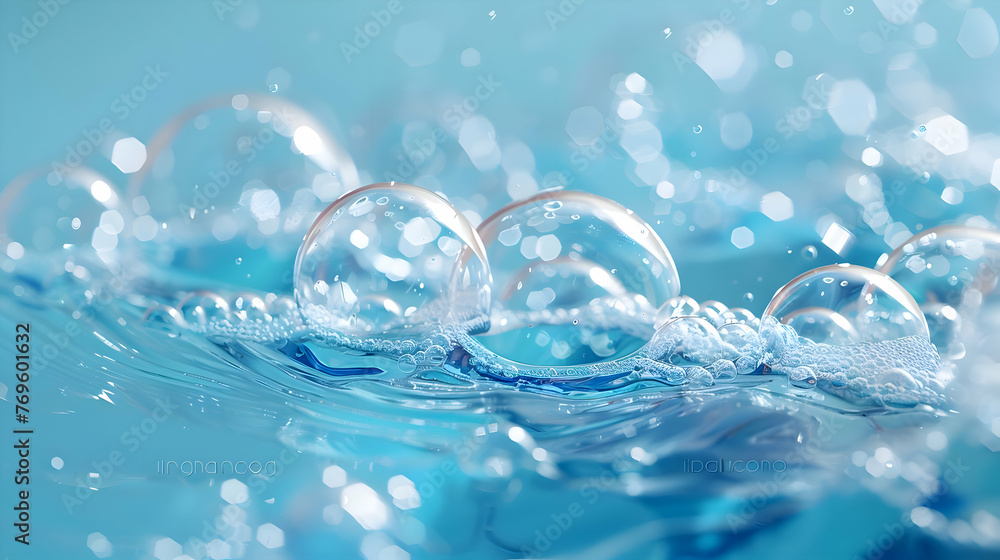 Floating water and bubbles on a blue background. High-resolution Floating water and bubbles on a blue background. High-resolution