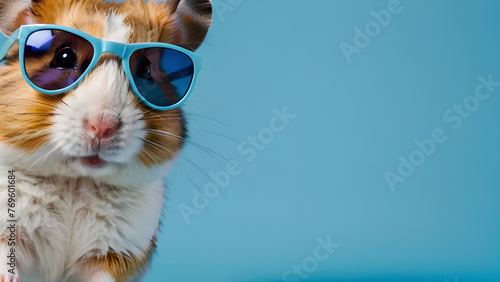 a hamster wearing sunglasses on a light blue background. the copy space. for postcards, advertisements.  the concept of vacation, rest, sun, summer