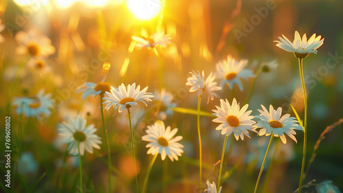 idyllic daisy bloom abstract soft focus sunset field landscape of white flowers blur grass meadow warm golden hour sunset sunrise time tranquil spring summer nature closeup bokeh forest background #769601802