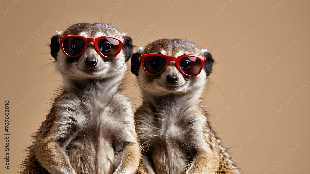 meerkats in sunglasses on a beige background. the copy space. for postcards, advertisements.  The concept of friends on vacation, vacation, sun, summer