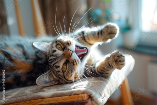Closeup of an excited cat lying on its back photo