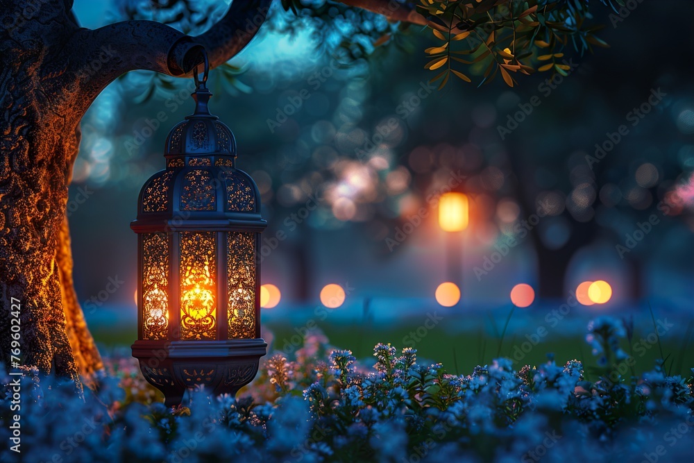 Islamic lantern decoration for Muslim Festivals like Eid Mubarak, Ramadan Kareem or Bakra Eid - obrazy, fototapety, plakaty 