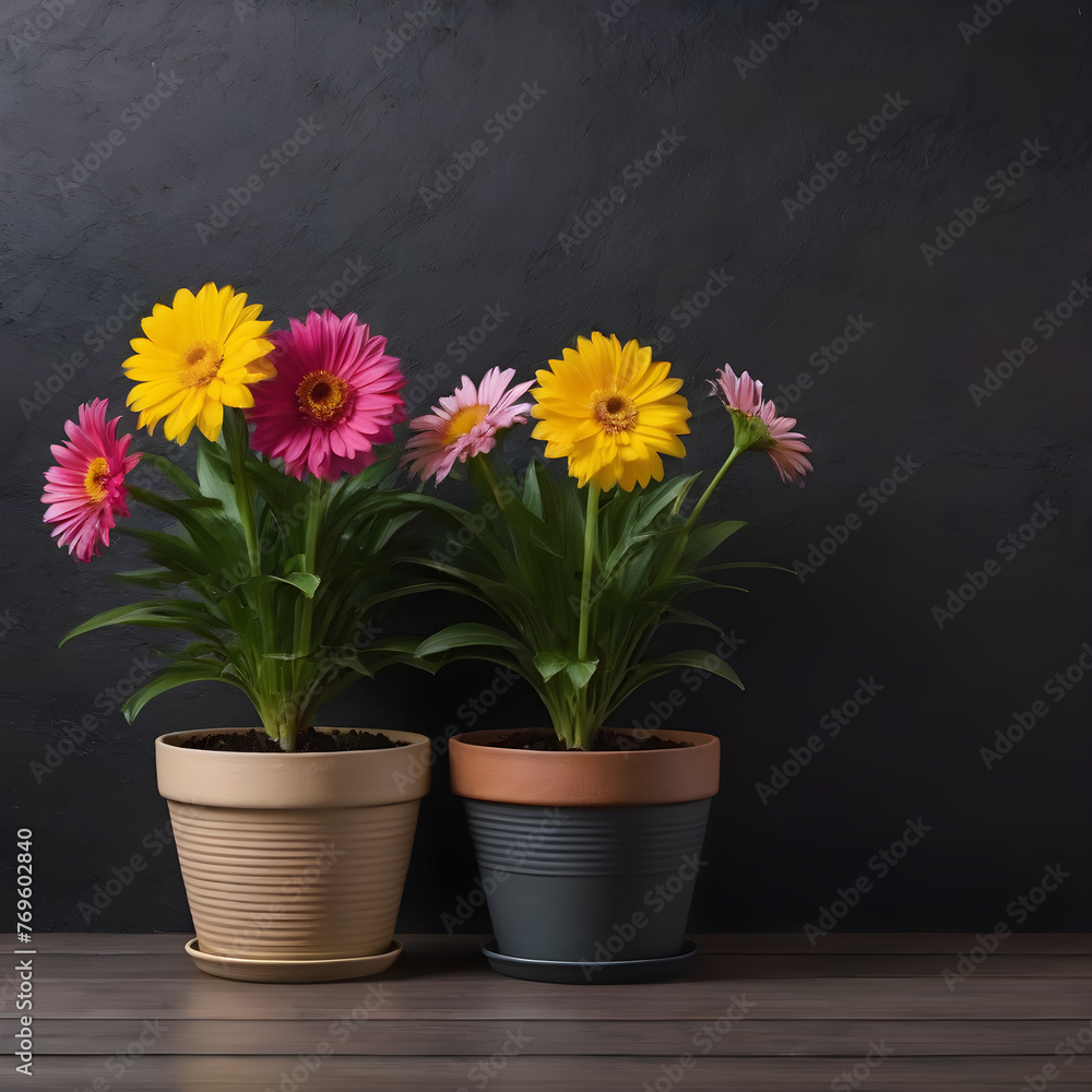 a pot of plants with flowers on a black background. copy space
