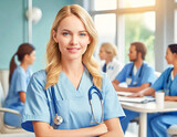 young woman blonde nurse at work meeting in hospital