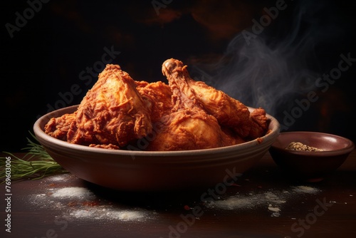 Delicious fried chicken in a clay dish against a velvet background photo