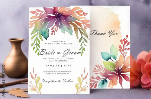 Beautiful aralia invitation card set. Flowers for rustic wedding design, thanksgiving decoration, fabric, greeting cards, birthday invitations, menus and baby shower  photo