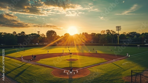Baseball field at sunset with players practicing