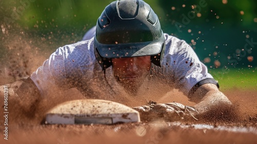 Baseball player sliding into base during a game © thesweetsheep